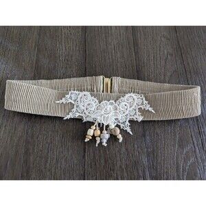 Beachy Boho Lace Flower & Bead Embellished Belt 30" Elasticated Summer Belt